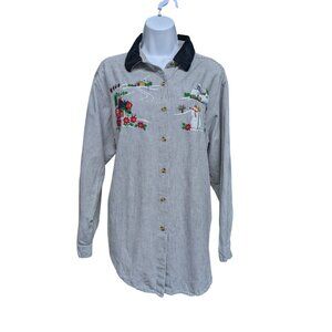 Vintage Casey & Max Christmas button front blouse striped velvet collar L